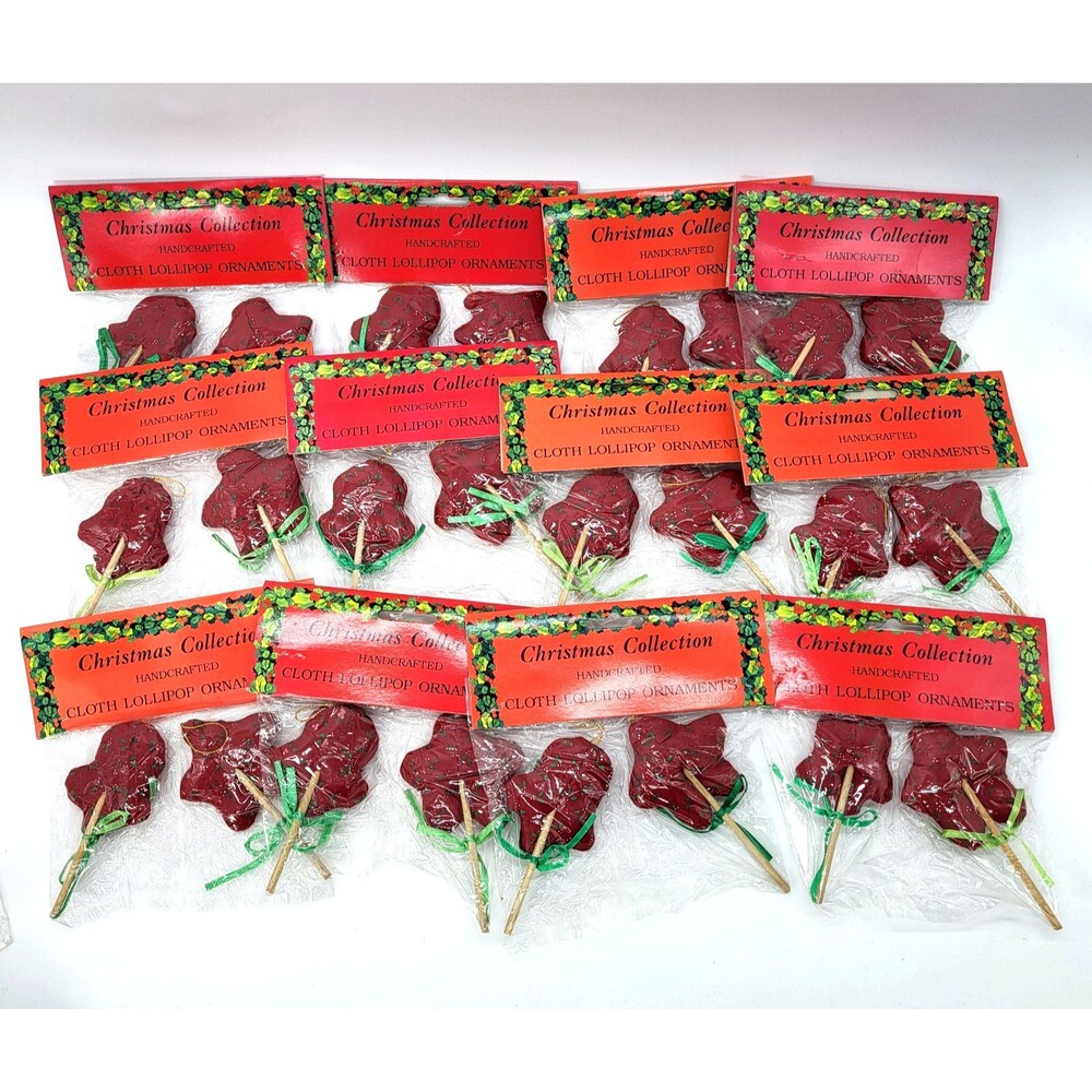 Vtg Fabric Plush Christmas Tree Ornaments Lollipop Style Holly Berry Primitive